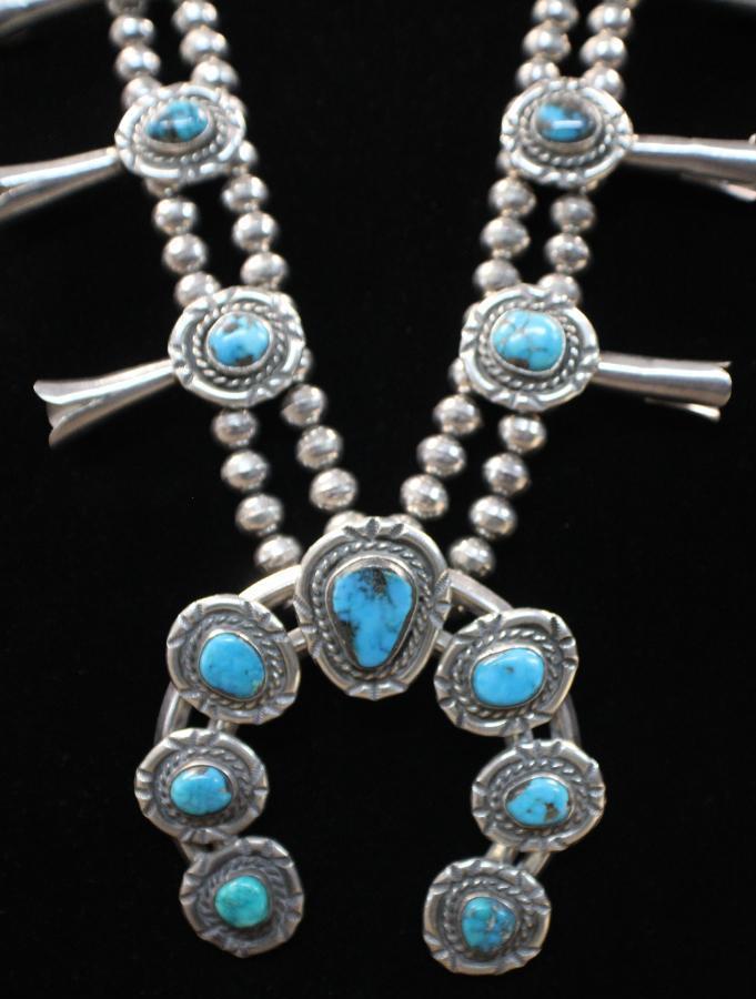 Unmarked Silver and Turquoise Squash Blossom Necklace