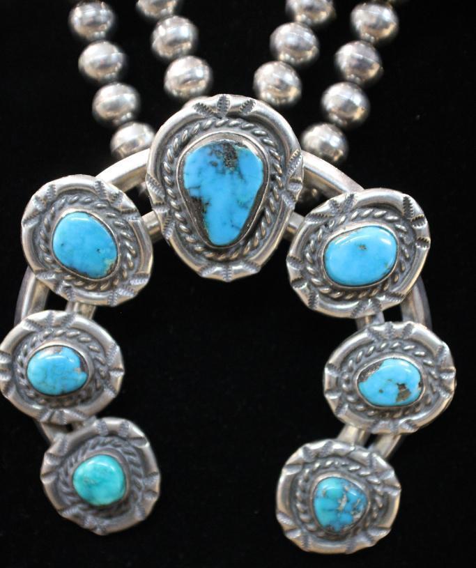 Unmarked Silver and Turquoise Squash Blossom Necklace