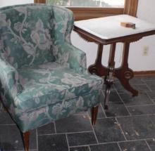 Antique Marble-Topped Table and Upholstered Chair