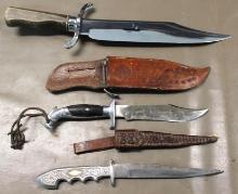 Reproduction Bowie Knife and Two Mexican Ornamental Knives