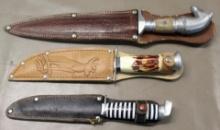 Three Unusual Fixed Blade Knives in Leather Sheaths