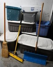 Eight Plastic Containers with Shop Broom