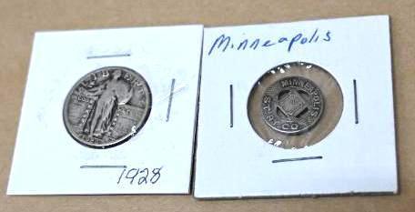 1928 Silver Quarter with Minneapolis Fare Token & More