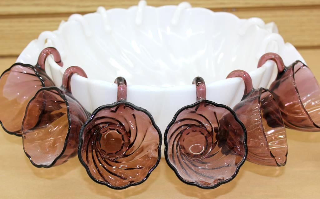 Great Hand-Crafted Milk Glass Punch Bowl with Amethyst Glass Ladles and Matching Cups