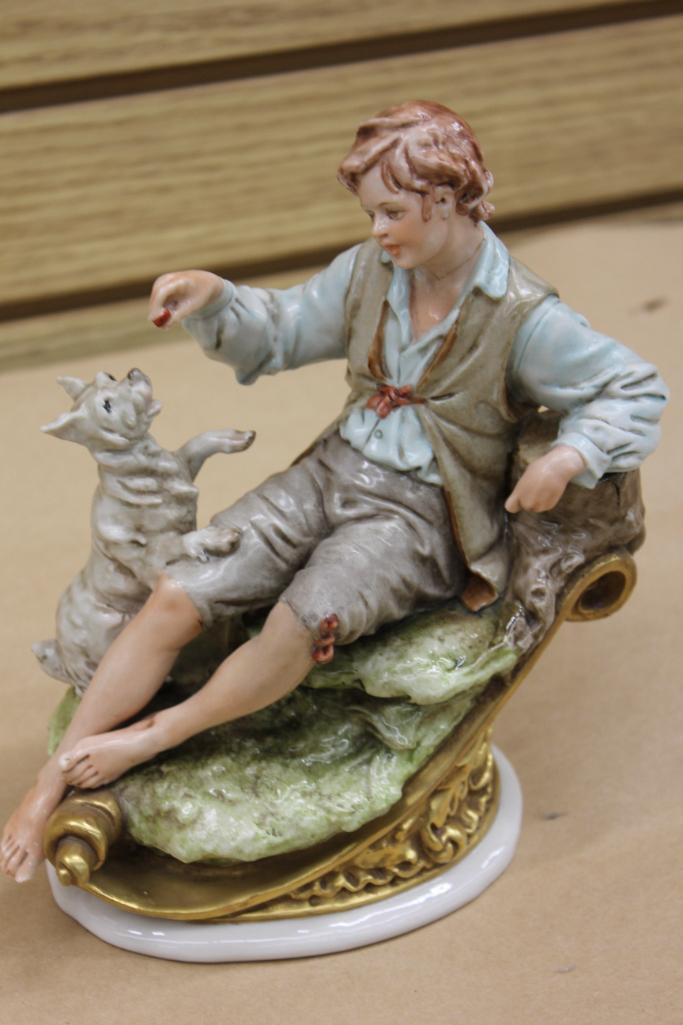 Beautiful Porcelain Statue of Boy with Dog Signed B. Merli