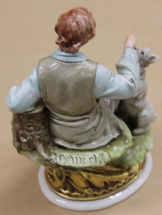 Beautiful Porcelain Statue of Boy with Dog Signed B. Merli