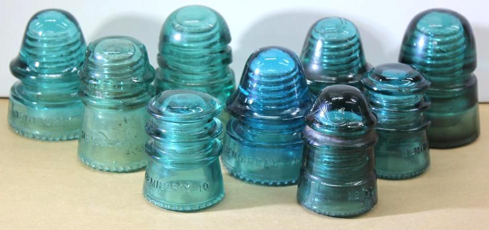 Nine Colored Glass Hemingray Insulators