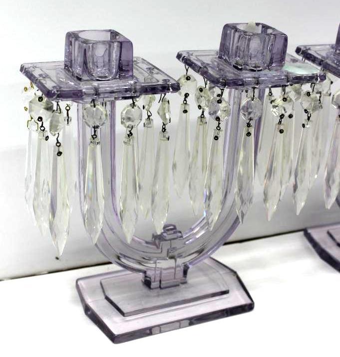 Pair of Excellent Purple-Tinted Heisey Art Deco Candlesticks with Chandelier Crystals