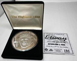 John Elway Highland Mint Half Troy Pound .999 Silver Medallion