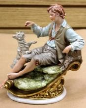 Beautiful Porcelain Statue of Boy with Dog Signed B. Merli