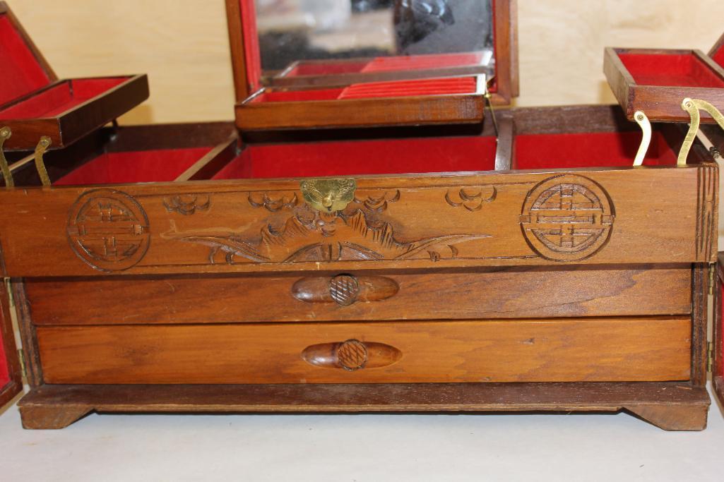 Great Asian-Style Wood Jewelry Box with Multiple Compartments