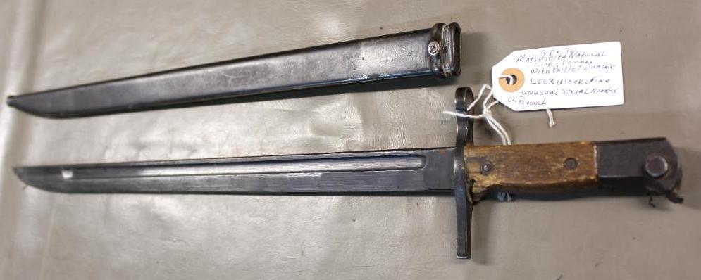 Rare Type 30 WWII Bayonet and Scabbard with Damaged Pommel from Bullet Strike