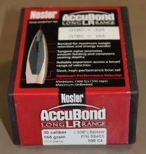 Box of 100 Nosler AccuBond 30 Cal LR Spitzer Bullets for Reloading