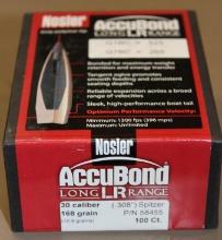 Box of 100 Nosler AccuBond 30 Cal LR Spitzer Bullets for Reloading