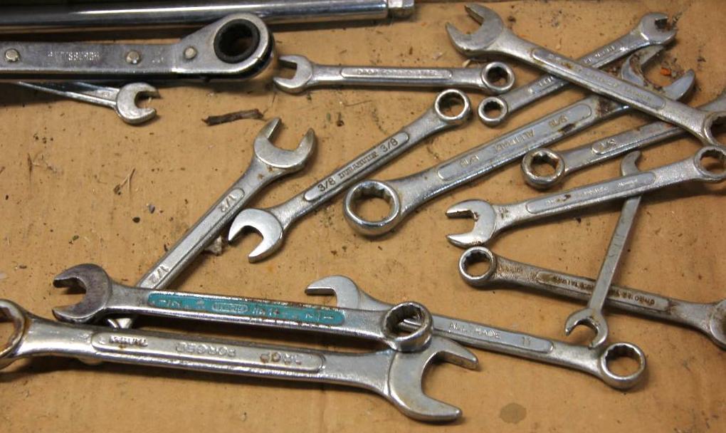 Collection of Wrenches and Other Tools with Metal Toolbox