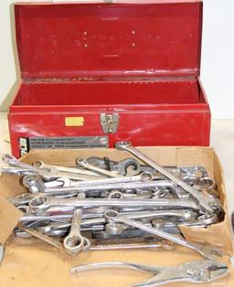 Collection of Wrenches and Other Tools with Metal Toolbox