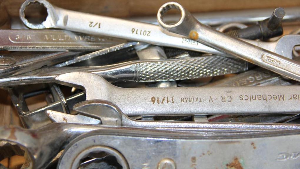 Collection of Wrenches and Other Tools with Metal Toolbox