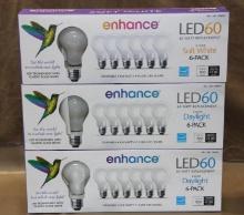 Three Boxes of 6 Enhance LED60 Light Bulbs