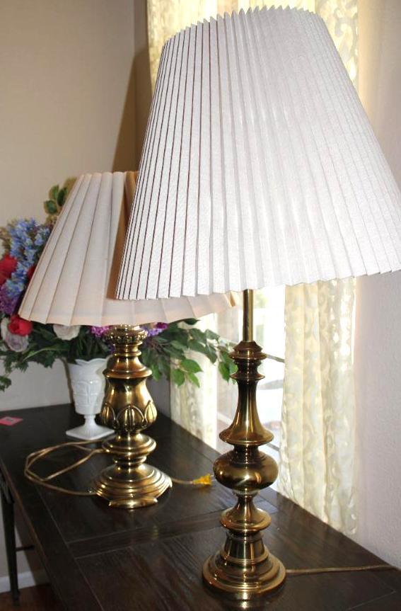 Two Brass Lamps with Shades and Milk Glass Vase