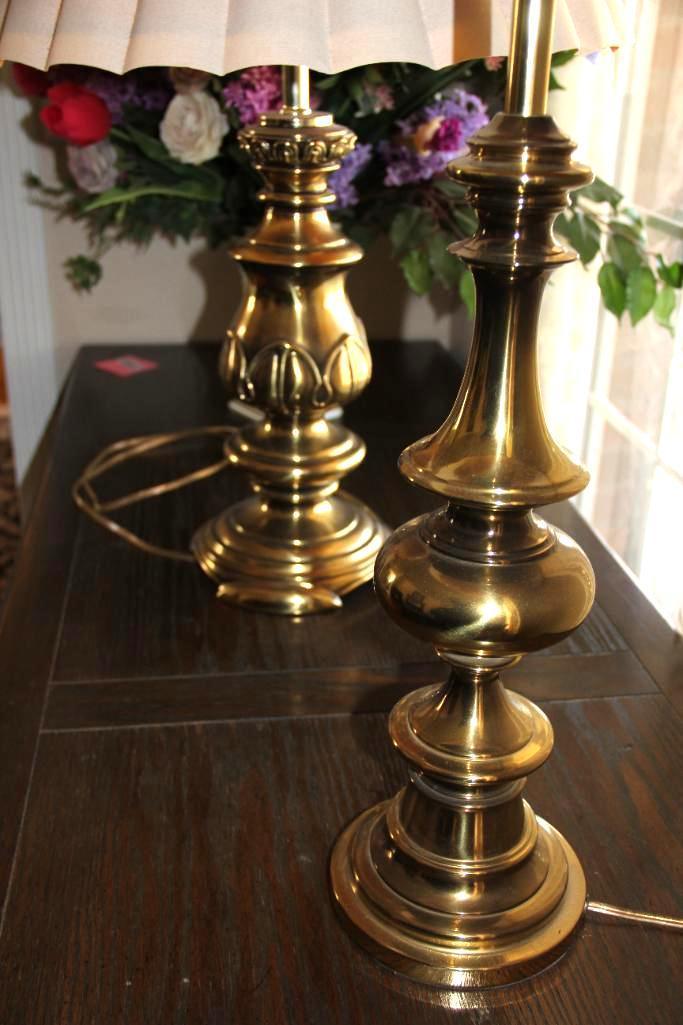 Two Brass Lamps with Shades and Milk Glass Vase