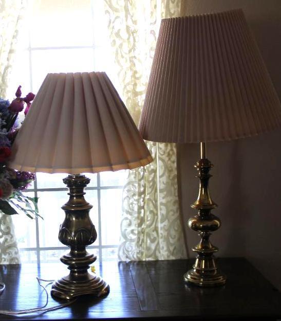 Two Brass Lamps with Shades and Milk Glass Vase