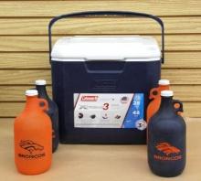 Coleman Xtreme 3 Cooler 28 Quart and 4 Broncos Growlers