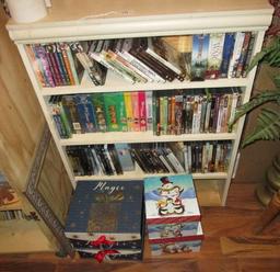 BOOKCASE, DVDS, BOXES