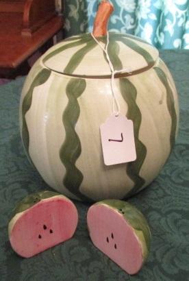 WATERMELON COOKIE JAR WITH SALT AND PEPPER SHAKERS