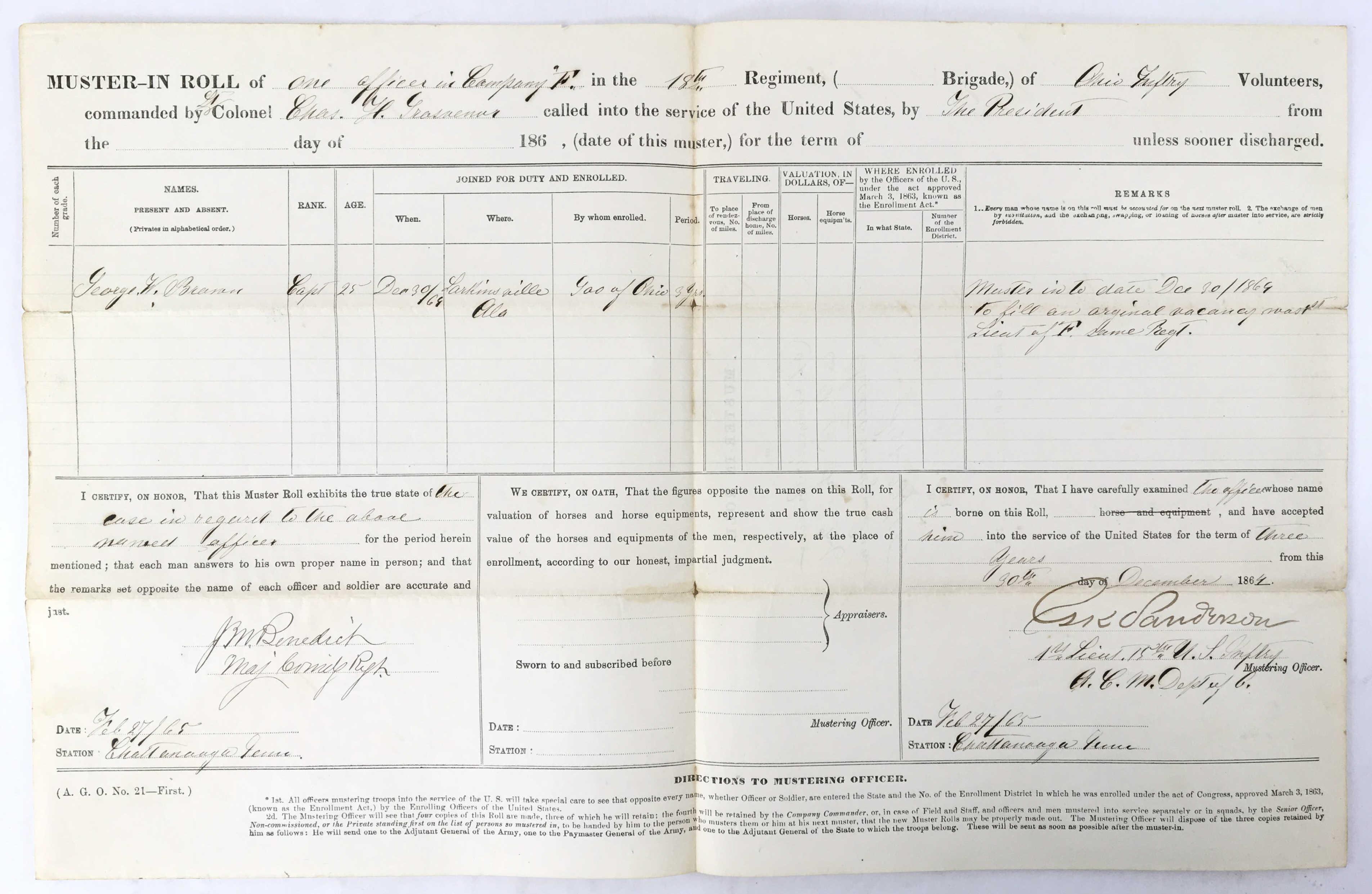 1864-65 Civil War Era Military Documents, Muster,
