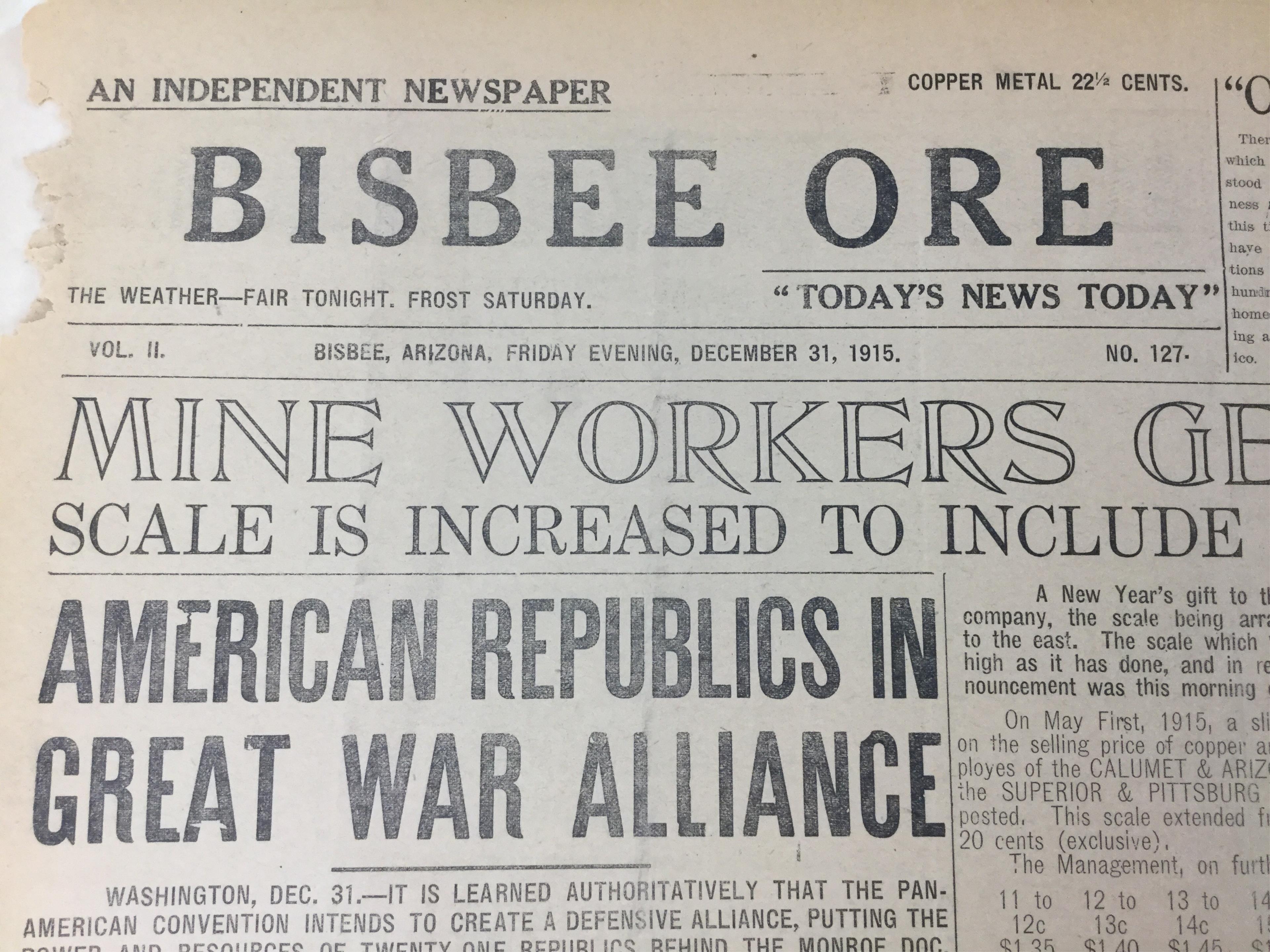 1915 Bisbee Ore Newspapers