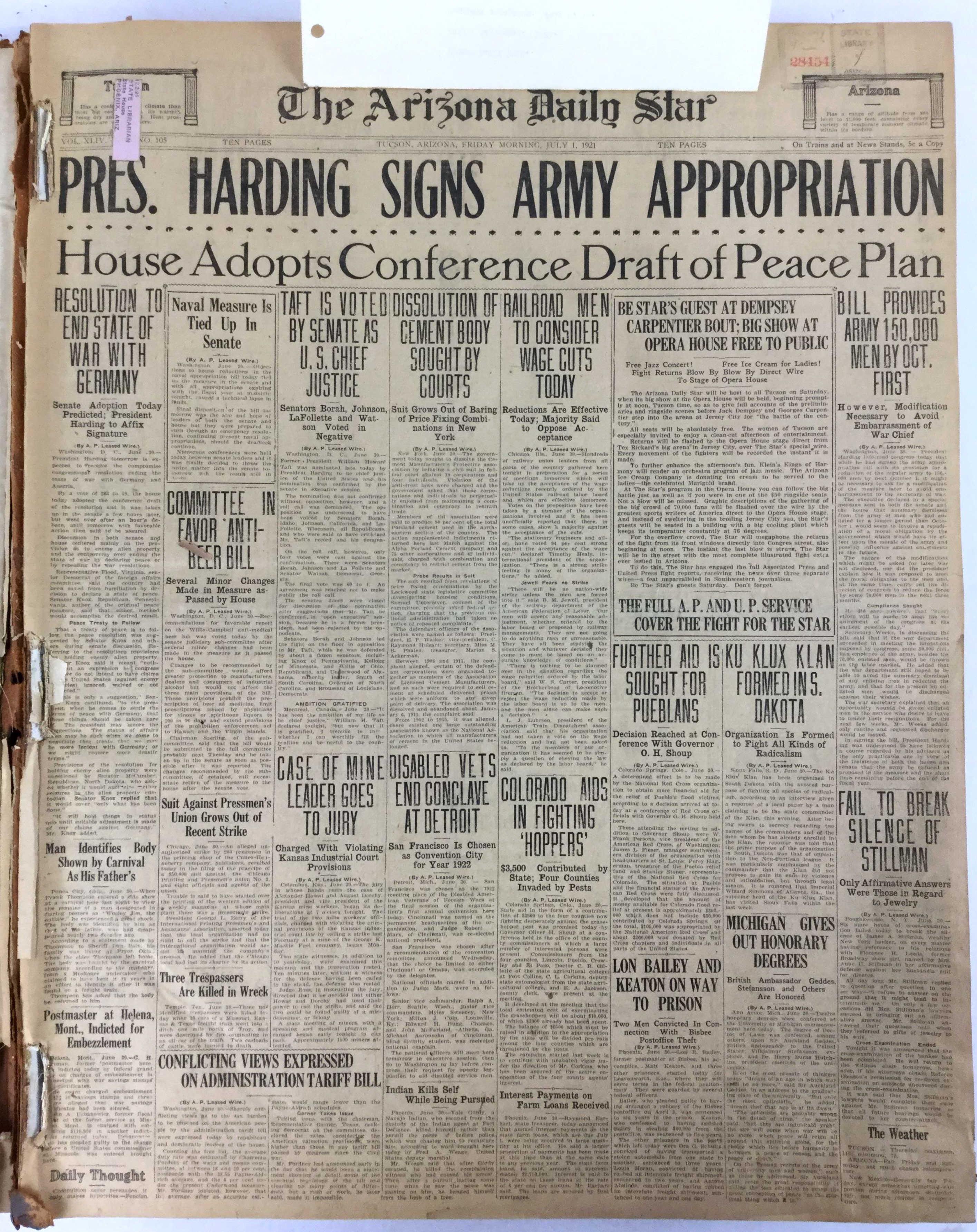 1921 Arizona Daily Star Newspapers