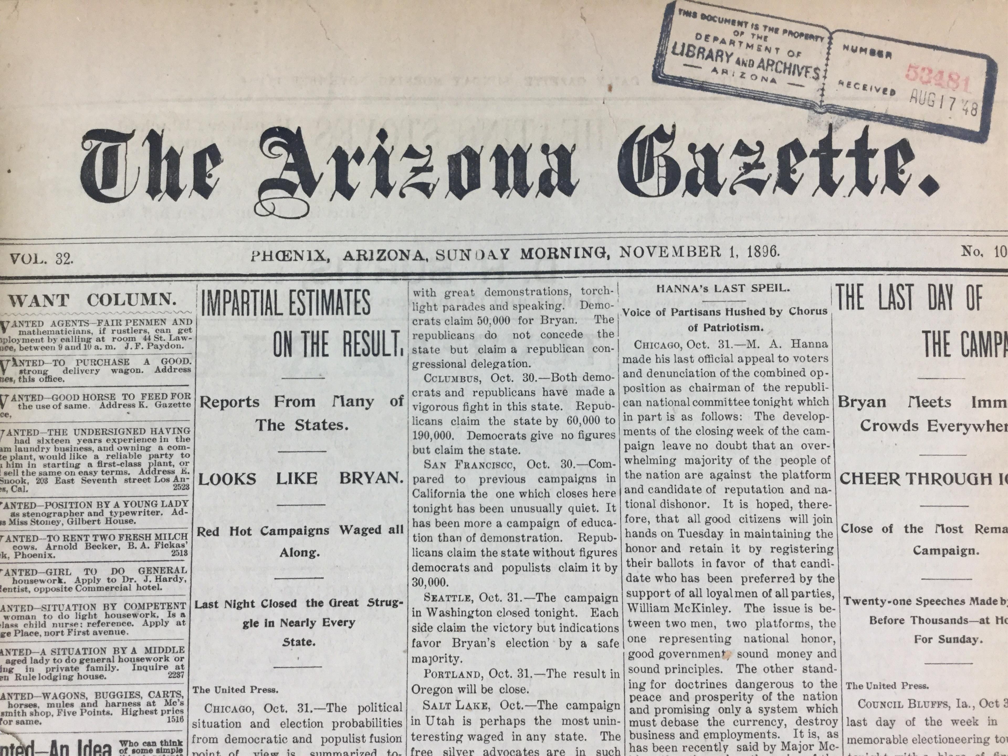 1896-97 Arizona Gazette Newspaper