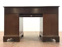 Vintage Oak Kneehole Desk With Brass Hardware