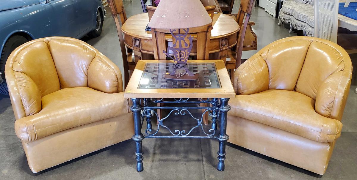 Pair Creative Leather Rustic Leather Barrel Chairs