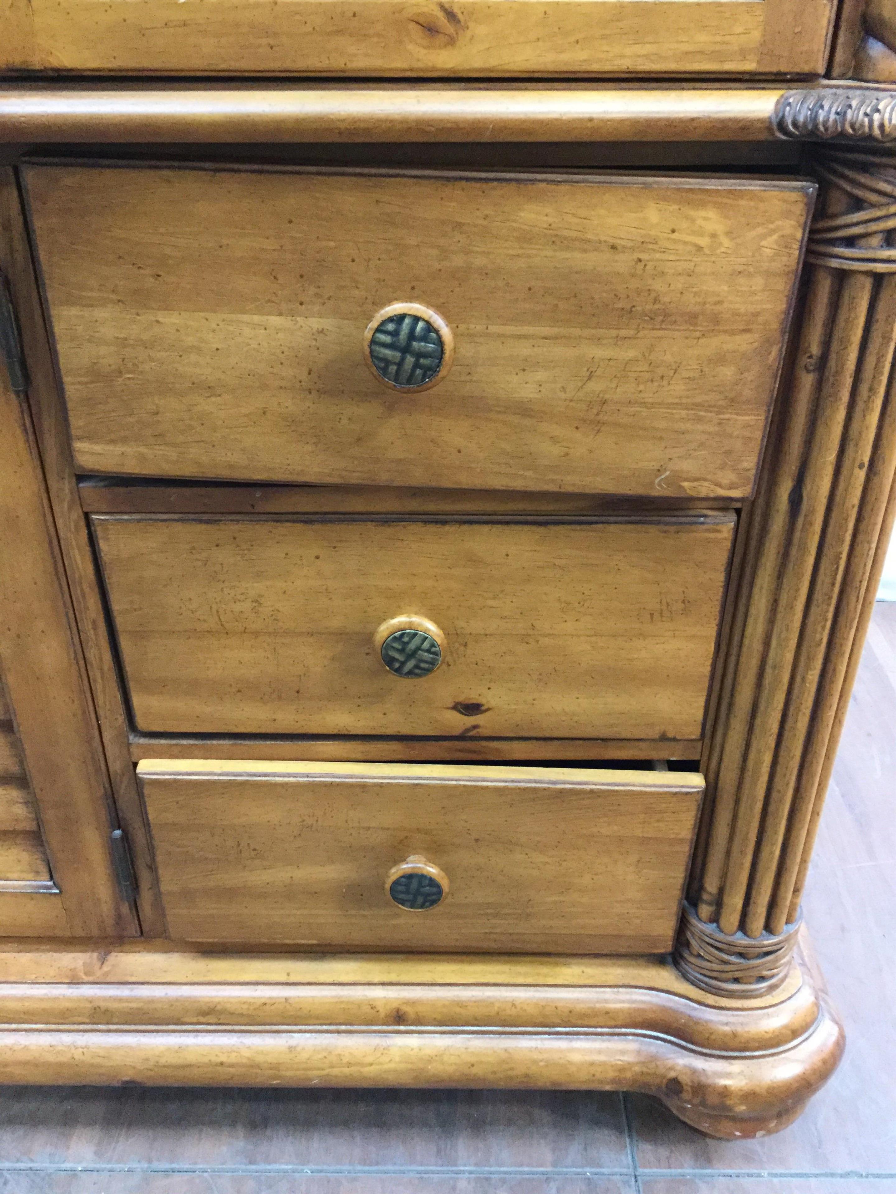 Rustic Oakwood & Wicker Style Triple Dresser