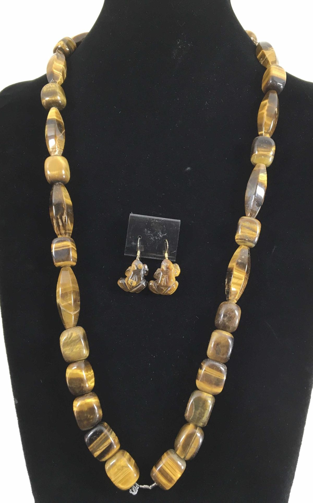 Tigers Eye Necklace And Frog Earrings